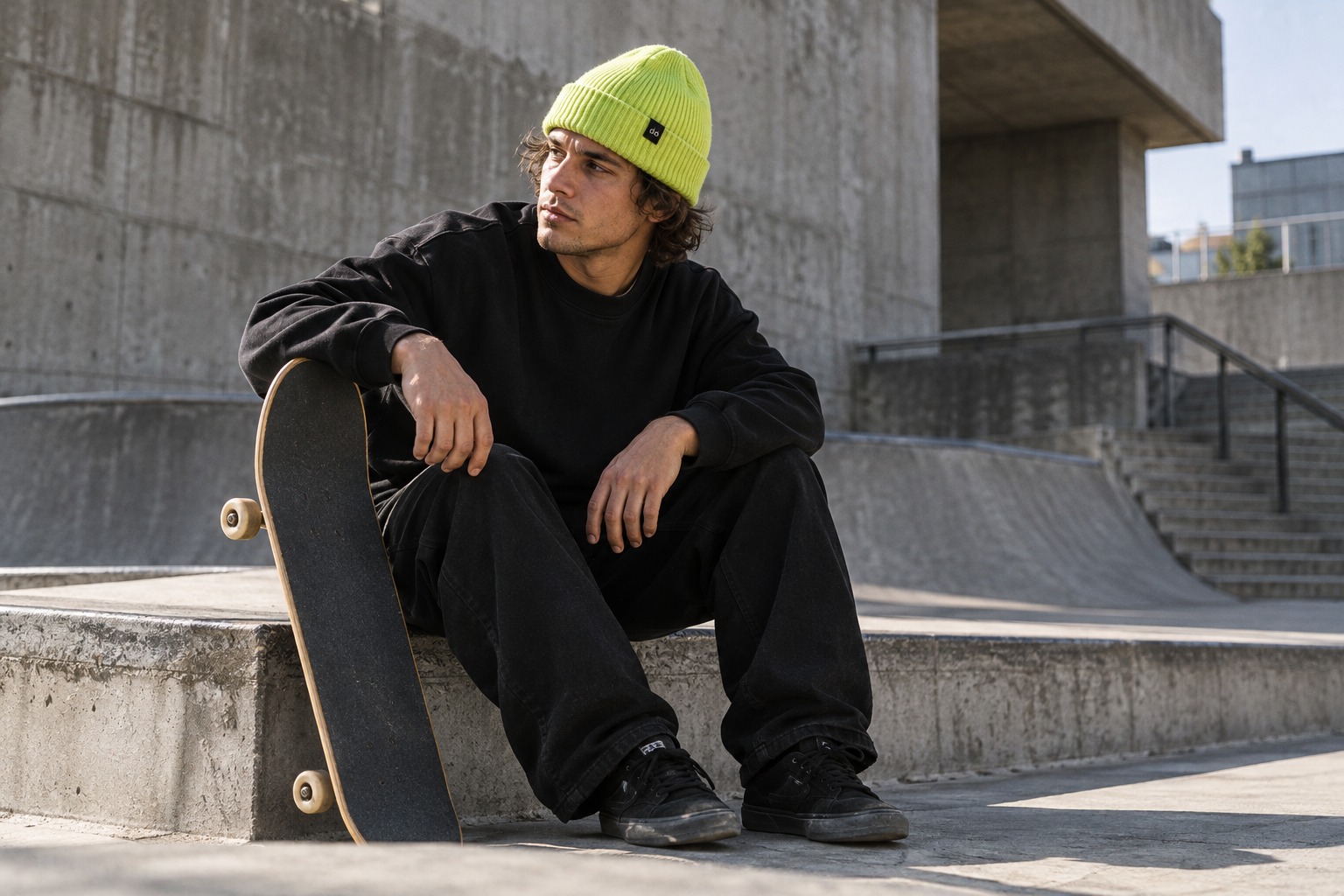 A skateboarder wearing an acid lime knit beanie